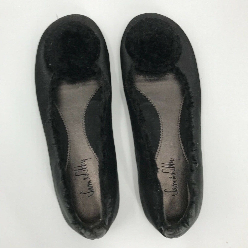 Sam & Libby Black Satin Flats Leather Soles 7